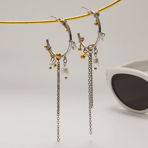 Stainless Steel Geometric Tassel Pearl Earrings Electroplated Women's Jewelry