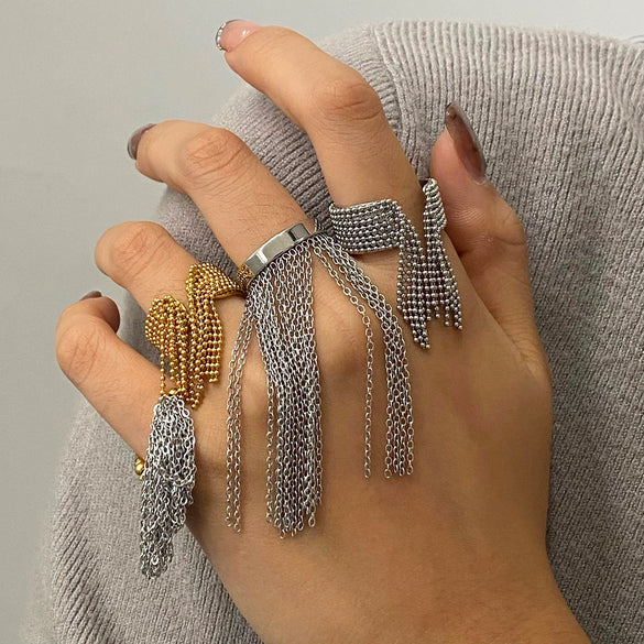Stainless Steel Geometric Tassel Ring Electroplated Hand Jewelry For Women