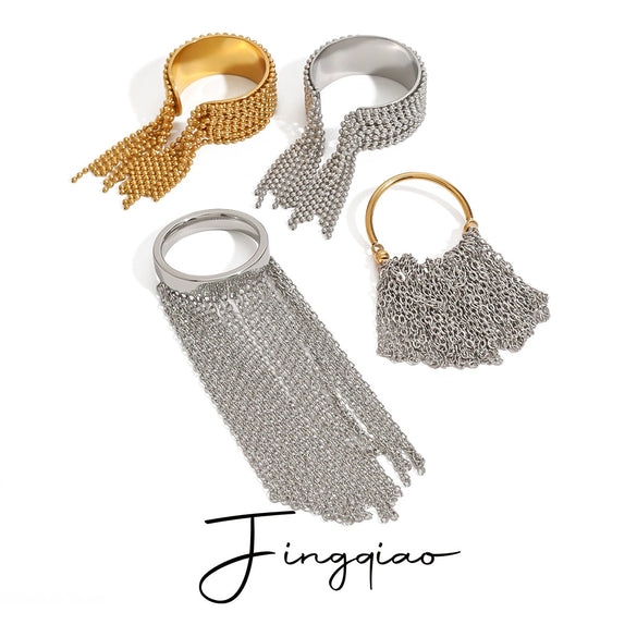 Stainless Steel Geometric Tassel Ring Electroplated Hand Jewelry For Women