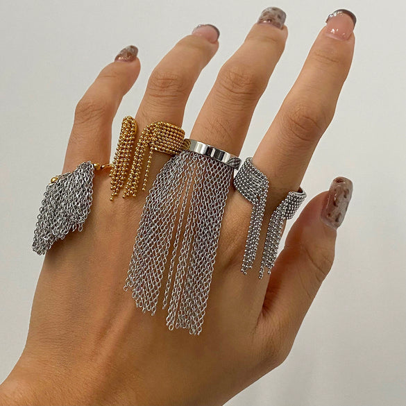 Stainless Steel Geometric Tassel Ring Electroplated Hand Jewelry For Women