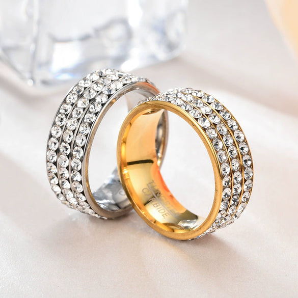 Stainless Steel Geometric Three Row Crystal Ring Classic Fashion Band For Unisex Couples