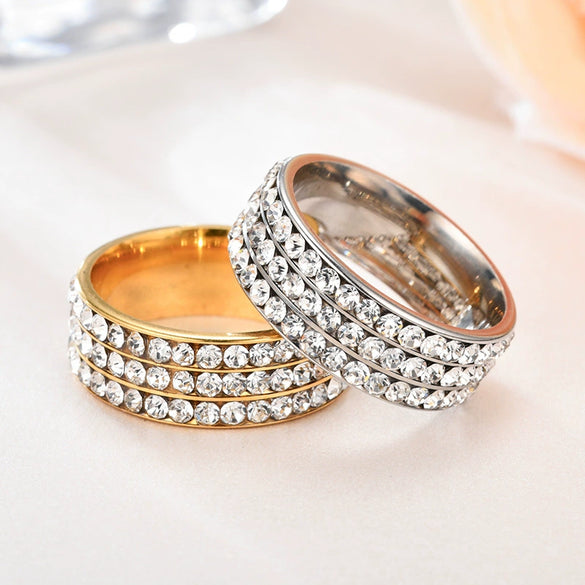 Stainless Steel Geometric Three Row Crystal Ring Classic Fashion Band For Unisex Couples