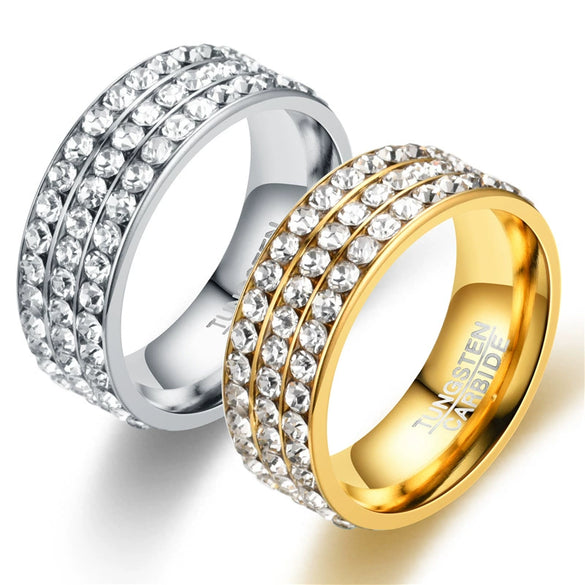 Stainless Steel Geometric Three Row Crystal Ring Classic Fashion Band For Unisex Couples