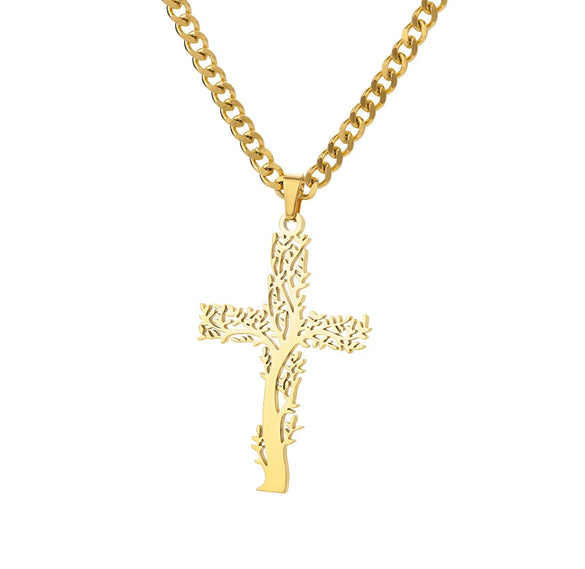 Stainless Steel Geometric Tree Of Life Cross Pendant Necklace Electroplating Jewelry Unisex