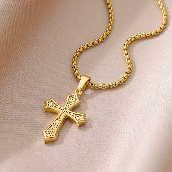 Stainless Steel Geometric Tree Of Life Cross Pendant Necklace Electroplating Jewelry Unisex