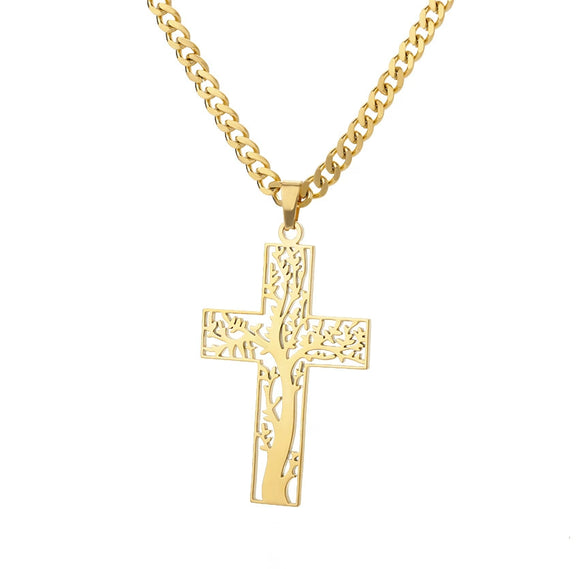 Stainless Steel Geometric Tree Of Life Cross Pendant Necklace Electroplating Jewelry Unisex