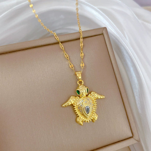 Stainless Steel Geometric Turtle Zircon Pendant Necklace For Women