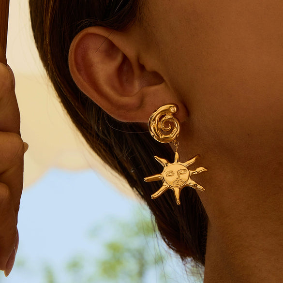 Stainless Steel Geometric Vintage Sun Pendant Earrings Electroplated