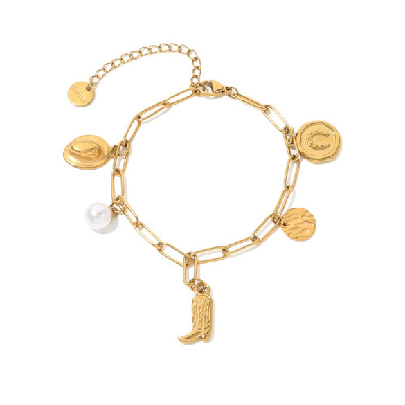Stainless Steel Geometric Western Cowboy Style Bracelet With Cowboy Hat Boots Pendant And Electroplating