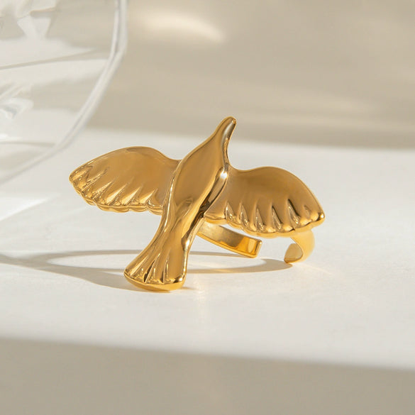 Stainless Steel Geometric Wings Bird Peace Pigeon Opening Ring For Women Retro Style With Electroplating
