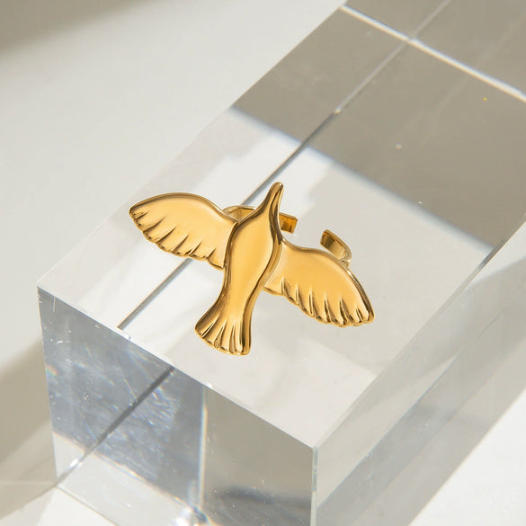 Stainless Steel Geometric Wings Bird Peace Pigeon Opening Ring For Women Retro Style With Electroplating