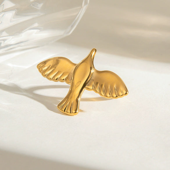 Stainless Steel Geometric Wings Bird Peace Pigeon Opening Ring For Women Retro Style With Electroplating