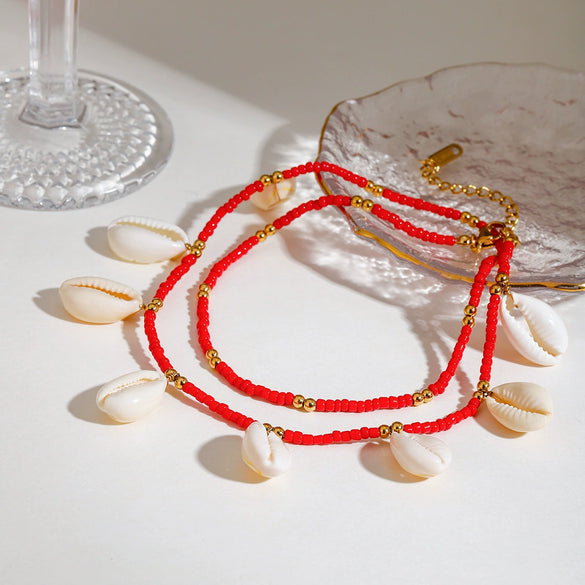 Stainless Steel Geometric Women's Anklets With Rice Beads Tooth Shell And 18K Gold