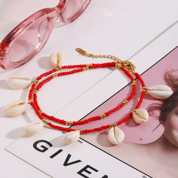 Stainless Steel Geometric Women's Anklets With Rice Beads Tooth Shell And 18K Gold