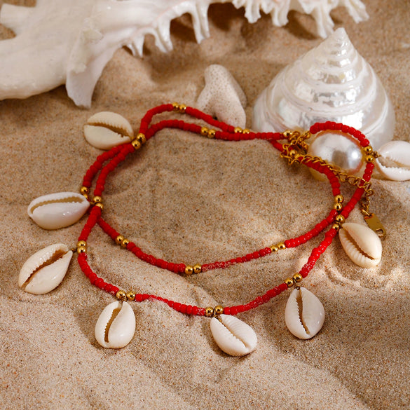Stainless Steel Geometric Women's Anklets With Rice Beads Tooth Shell And 18K Gold