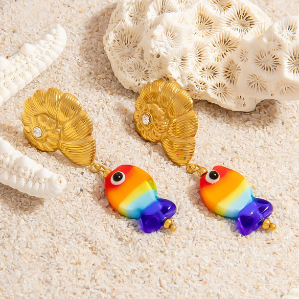 Stainless Steel Geometric Women's Earrings With Electroplating Marine Series Small Fish Shell Jewelry Pendants Light Luxury Style