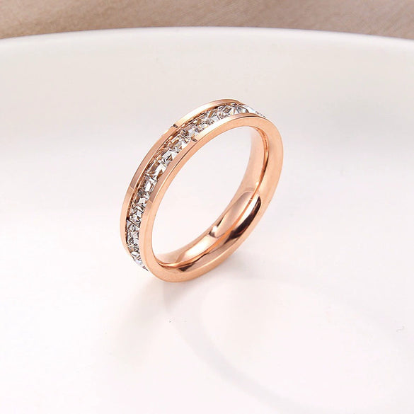 Stainless Steel Geometry Couple Ring With Single Or Double Row Square Crystal Inlay Electroplated Simple Band For Women