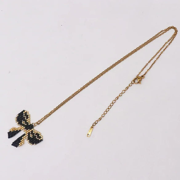 Wholesale Jewelry Casual Elegant Bow Knot 304 Stainless Steel Glass Beads Gold Plated Braid Pendant Necklace