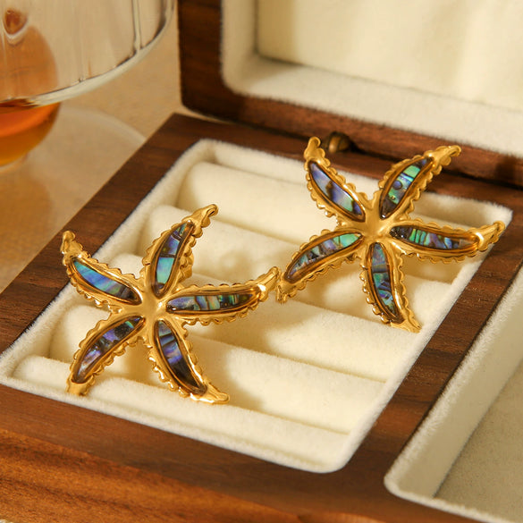 Stainless Steel Glued Abalone Starfish And Star Earrings Geometric And Animal Style