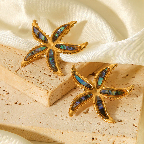 Stainless Steel Glued Abalone Starfish And Star Earrings Geometric And Animal Style