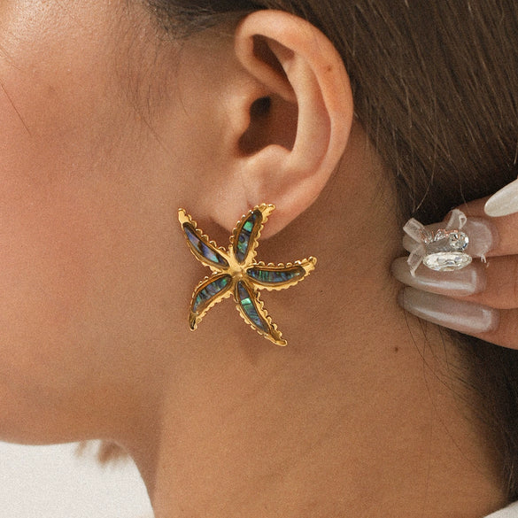 Stainless Steel Glued Abalone Starfish And Star Earrings Geometric And Animal Style