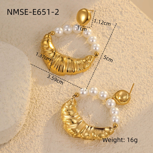Stainless Steel Gold Horn Pearl Pendant Earrings Electroplated For Women Fashion Style