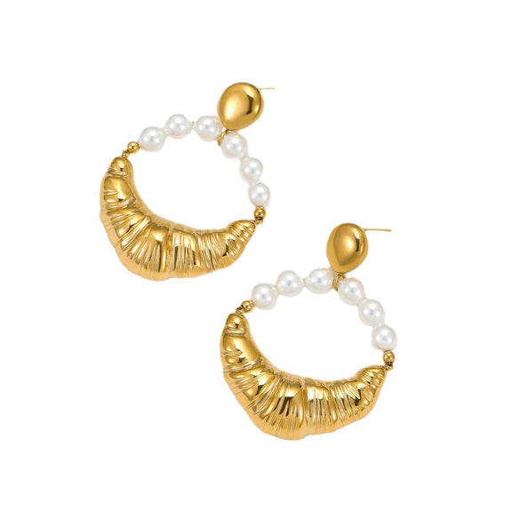 Stainless Steel Gold Horn Pearl Pendant Earrings Electroplated For Women Fashion Style