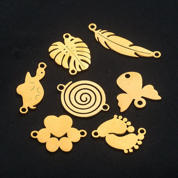 Stainless Steel Gold Plated Bear Paw Feather Dinosaur Double Hole Pendant Connector Jewelry Accessories Electroplated Cartoon Style
