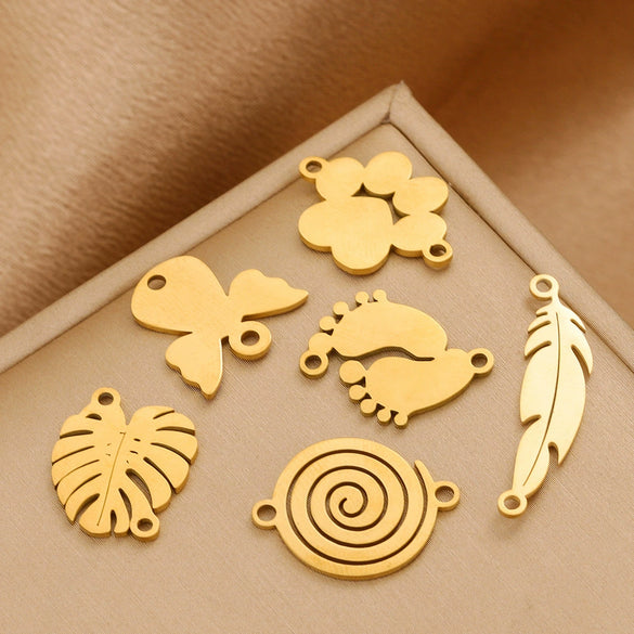 Stainless Steel Gold Plated Bear Paw Feather Dinosaur Double Hole Pendant Connector Jewelry Accessories Electroplated Cartoon Style