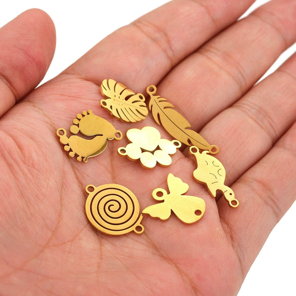 Stainless Steel Gold Plated Bear Paw Feather Dinosaur Double Hole Pendant Connector Jewelry Accessories Electroplated Cartoon Style