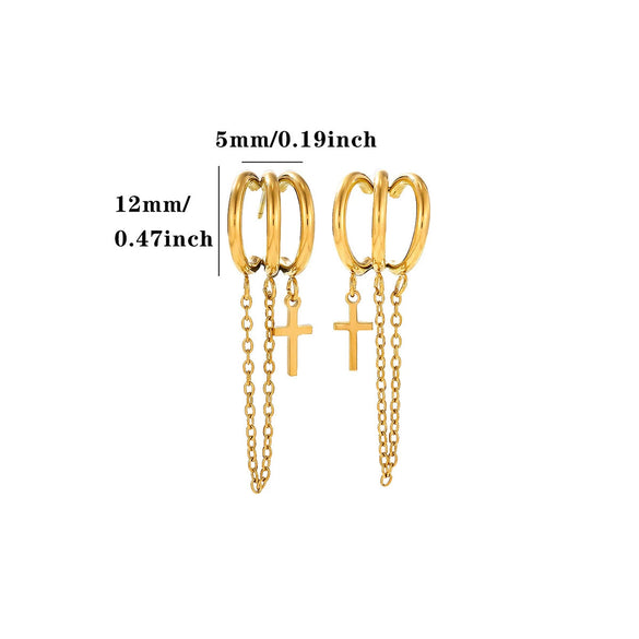 Stainless Steel Gold Plated Cross Tassel Chain Drop Earrings For Women And Men Trendy Unisex Statement Jewelry