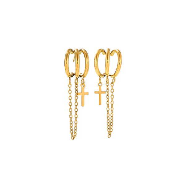 Stainless Steel Gold Plated Cross Tassel Chain Drop Earrings For Women And Men Trendy Unisex Statement Jewelry