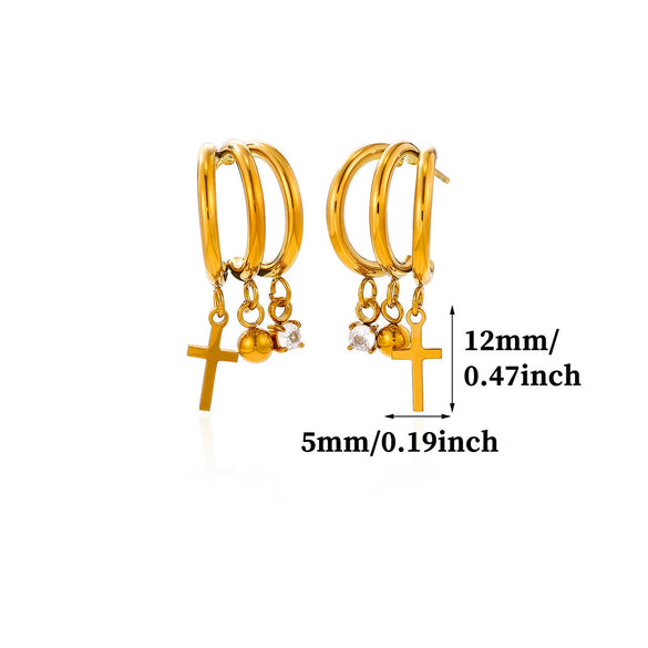 Stainless Steel Gold Plated Cross Tassel Chain Drop Earrings For Women And Men Trendy Unisex Statement Jewelry