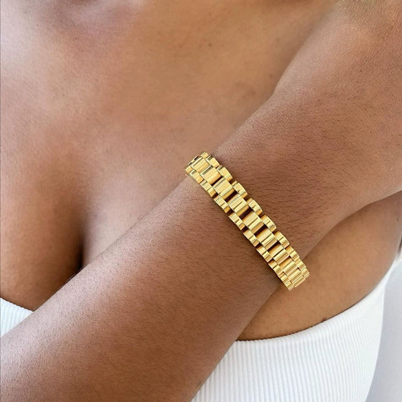 Stainless Steel Gold Plated Detachable Wristband Bracelet With Geometric Design For Unisex