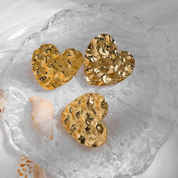 Stainless Steel Gold Plated Embossed Retro Love Three Dimensional Women's Jewelry Set With Earrings And Ring Featuring Water Drops And Bells Pattern