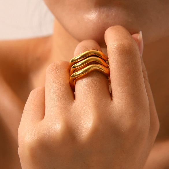 Stainless Steel Gold Plated Geometric Wave Shaped Women's Ring