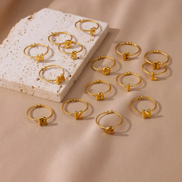 Stainless Steel Gold Plated Letter Adjustable Ring