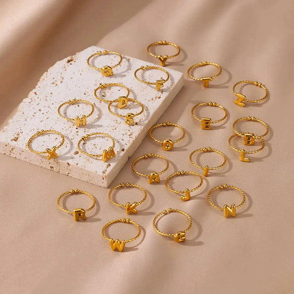 Stainless Steel Gold Plated Letter Adjustable Ring