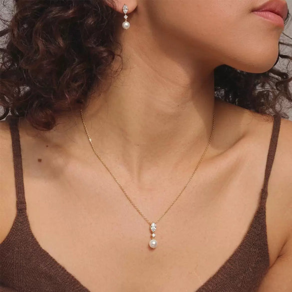 Stainless Steel Gold Plated Marquise Zircon Pearl Pendant Earring And Necklace Set For Women With Irregular Chain