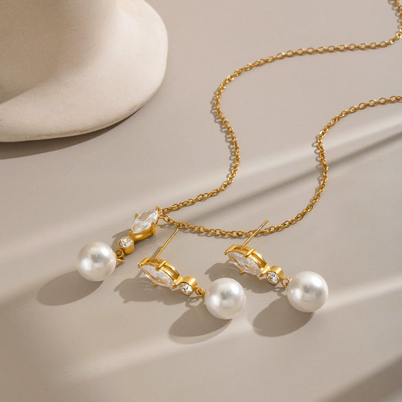 Stainless Steel Gold Plated Marquise Zircon Pearl Pendant Earring And Necklace Set For Women With Irregular Chain