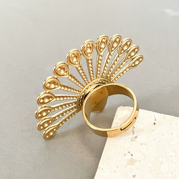Stainless Steel Gold Plated Open Ring With Colorful Dripping Sunflower Peacock Open Screen Design Electroplated Geometric Style Unisex