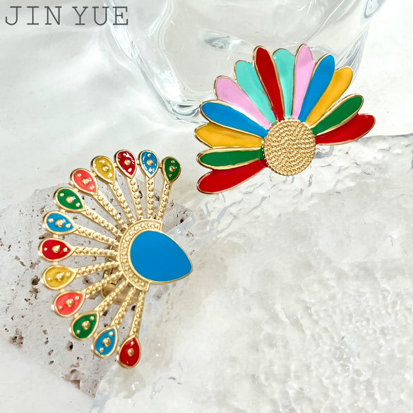 Stainless Steel Gold Plated Open Ring With Colorful Dripping Sunflower Peacock Open Screen Design Electroplated Geometric Style Unisex