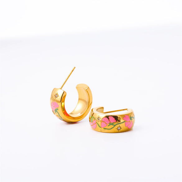 Stainless Steel Gold Plated Painted Floral Geometric Cshaped Women's Earrings
