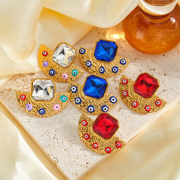 Stainless Steel Gold Plated Rhinestone Fan Shaped Geometric Oil Drip Drop Earrings For Women