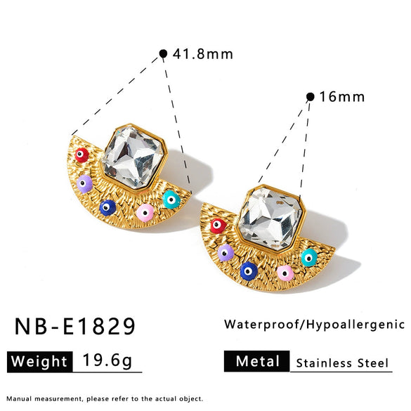 Stainless Steel Gold Plated Rhinestone Fan Shaped Geometric Oil Drip Drop Earrings For Women