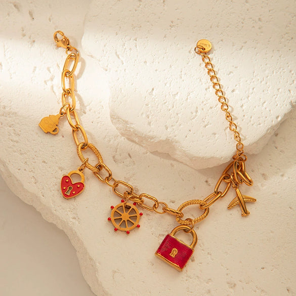 Stainless Steel Gold Plated Small Lock Pendant Bracelet For Girls