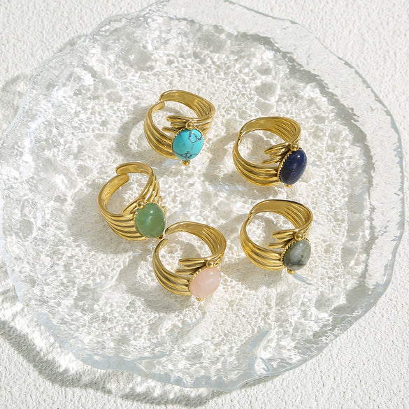 Stainless Steel Gold Ring With Turquoise Inlay Geometric Style Open Ring