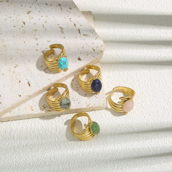 Stainless Steel Gold Ring With Turquoise Inlay Geometric Style Open Ring