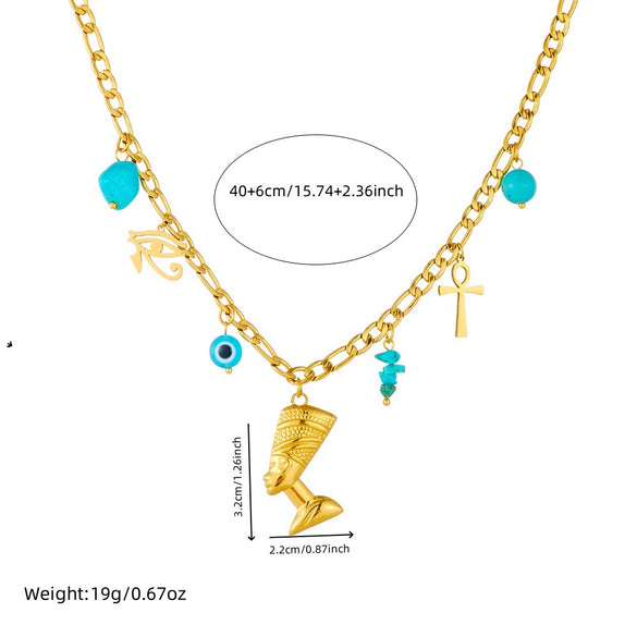 Stainless Steel Goldplated Blue Eyes Cross Portrait Head Pendant Necklace For Women Fashion Style