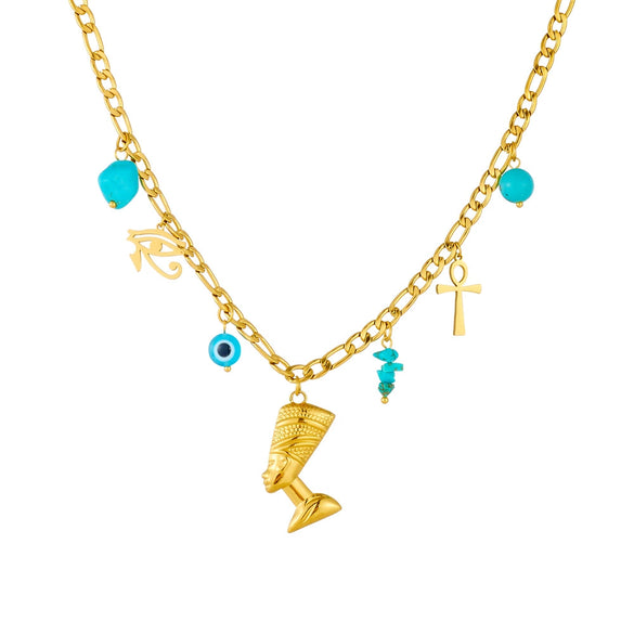 Stainless Steel Goldplated Blue Eyes Cross Portrait Head Pendant Necklace For Women Fashion Style